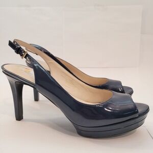 Nine West Able Slingback Heels Women 7M Navy Blue Peep Toe Platform nwABLE3